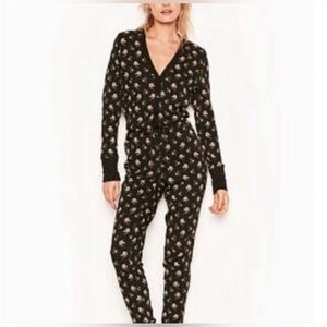 Victoria’s Secret Black Waffle Knit Pink Floral Long Sleeve One Piece Pajamas LG